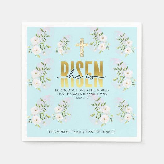 Hij is opgestaan religieus Christelijk citaat Blau Servet (Voorkant)