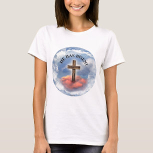 Hij Is Opgestaan Ruw Kruis Met Wolken T-shirt