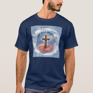 Hij Is Opgestaan Ruw Kruis Met Wolken T-shirt