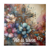 Hij is opgestaan Schrift Bloemen Waterverf Kruis Tegeltje (Voorkant)