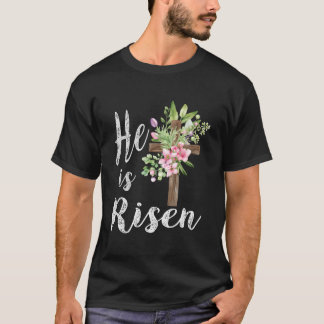 Hij Is Opgewekt Bloemkruis Gelukkig Pasen 2023 T-shirt