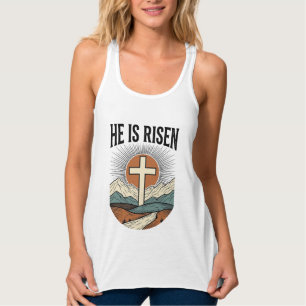 Hij Is Opgewekt Kruis Zonsopgang Christelijk Pasen Tanktop