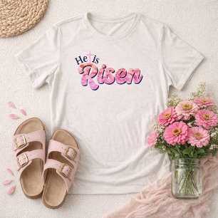 Hij Is Opgewekt Roze Bloem Lettering Pasen Tri-Blend Shirt