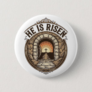 Hij Is Opgewekt Vintage Pasen Kruis Shirt Ronde Button 5,7 Cm