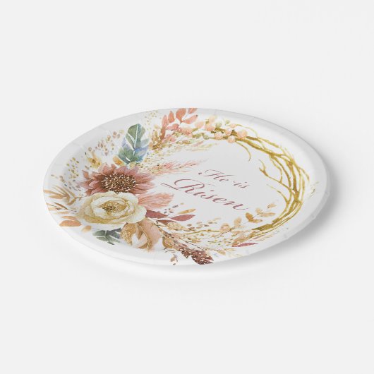 Hij is Risen boho bloemenkrans Pasen Papieren Bordje (Gekanteld)