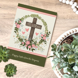Hij is Risen Cross Floral Happy Easter Custom Kaar Kaart