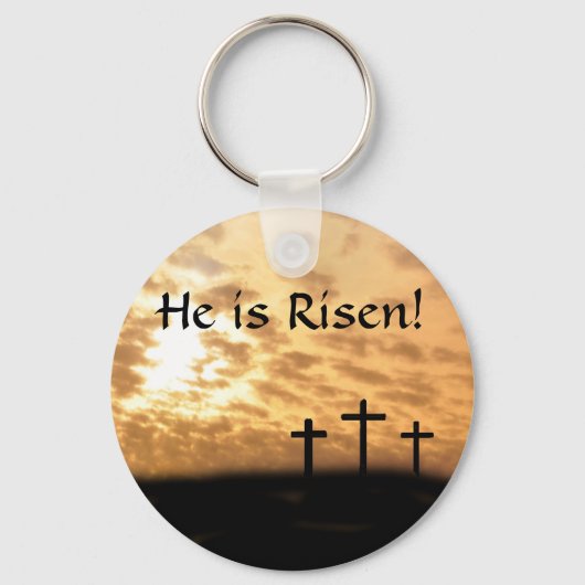 Hij is Risen. Drie kruisingen en zonnescherm Sleut Sleutelhanger (Voorkant)