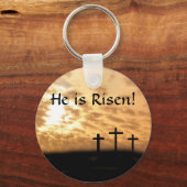 Hij is Risen. Drie kruisingen en zonnescherm Sleut Sleutelhanger (Voorkant)