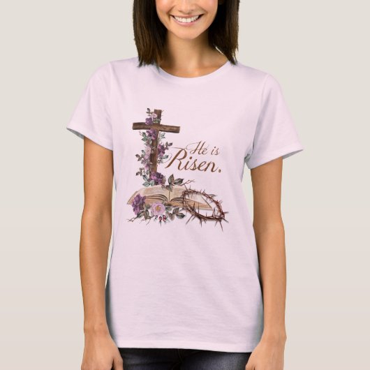 Hij is Risen Floral Cross met Bijbel T-shirt (Voorkant)