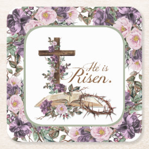 Hij is Risen Floral Cross met Bijbel Vierkante Kartonnen Onderzetter