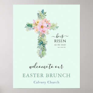 Hij is Risen Greenery Cross Easter Brunch Poster