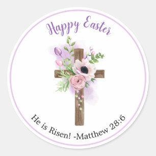 Hij is Risen - Paarse bloemenkruis Pasen Stickers