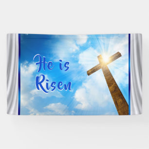 Hij is Risen Pasen Banner, die Wooden Cross speelt Spandoek