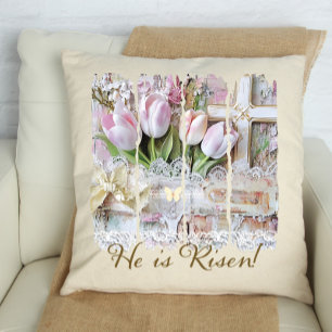 Hij is Risen Tulip Cross Christelijke  vrouwen Kussen