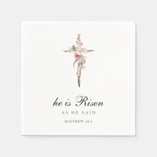 Hij is Risen   Waterverf Pink Floral Cross Pasen Servet