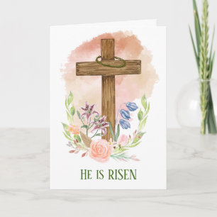 Hij is Risen Wooden Floral Cross Easter Kaart