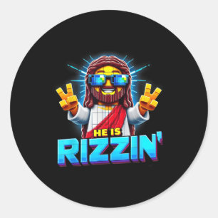 Hij is Rizzen Jesus Has Rizzen Retro Christelijk P Ronde Sticker