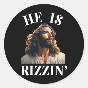 Hij Is Rizzin - Grappige Jezus Christelijke Pasen Ronde Sticker