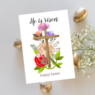Hij is verrezen, bloemige houten paaskruis, Religi Feestdagenkaart