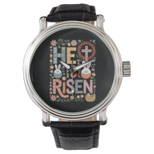Hij is verrezen Jesus Floral Schattige paashaas Horloge