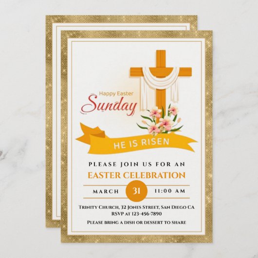 Hij is verrezen Paaskruis, bloemen, elegante Pasen Aankondiging (Voorkant / Achterkant)