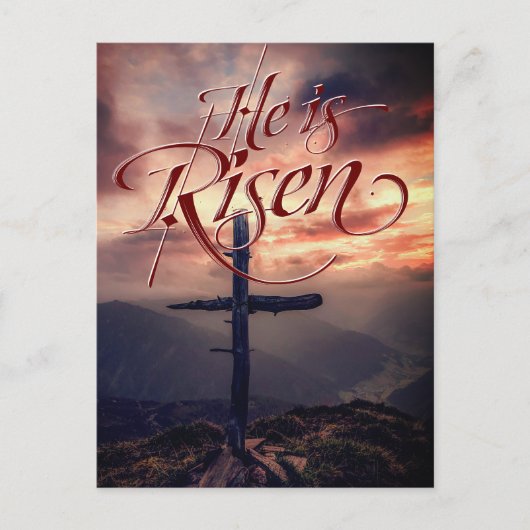 Hij is verrezen Pasen Script Cross Feestdagenkaart (Voorkant)