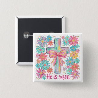 "Hij is verrezen" Religieus Kruis Pasen Vierkante Button 5,1 Cm