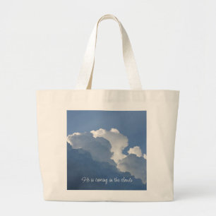Hij komt in de wolken Christelijke citaat Grote Tote Bag