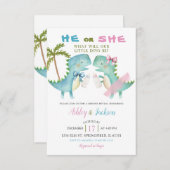 Hij of zij dino met Pink Blue Bow Gender Reveal Kaart (Voorkant / Achterkant)