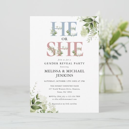 Hij of zij heeft een Greenery Letter Gender Reveal Kaart (Staand voorkant)