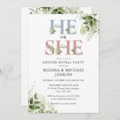 Hij of zij heeft een Greenery Letter Gender Reveal Kaart (Voorkant / Achterkant)