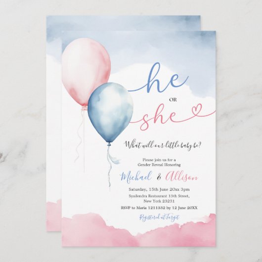 Hij of zij heeft een roze en blauwe ballon kaart (Voorkant / Achterkant)