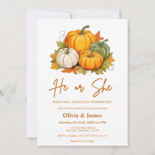 Hij of zij Herfst Pumpkin Gender Reveal Party Kaart (Voorkant)