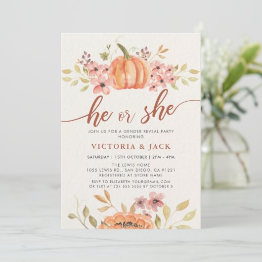 Hij of zij Herfst Pumpkin Rustic Boho Genderonthul Kaart (Staand voorkant)