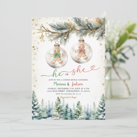 Hij of zij kerstballen genderonthulling vakantie kaart (Staand voorkant)