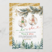 Hij of zij kerstballen genderonthulling vakantie kaart (Voorkant / Achterkant)