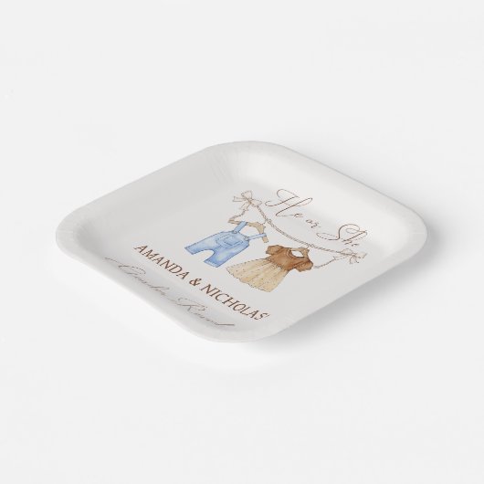 Hij of zij kleedt gender reveal papieren bordje (Gebogen)