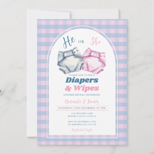 Hij of zij luiers en doekjes Gender Reveal Gingham Kaart (Voorkant)