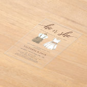 Hij of zij neutrale babykleding onthult geslacht acryl uitnodigingen (Laagn)