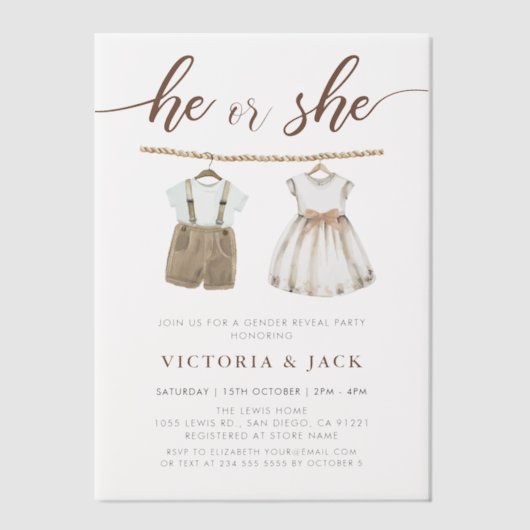 Hij of zij neutrale babykleding onthult geslacht vellum uitnodigingen (Voorkant)