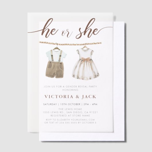 Hij of zij neutrale babykleding onthult geslacht vellum uitnodigingen (Offset)