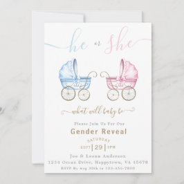 Hij of Zij Roze & Blauw Wandelwagen Gender Reveal Kaart