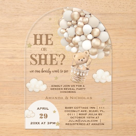 Hij of zij Teddy Bear Geslacht Onthullen Acryl Uitnodigingen (Voorkant)