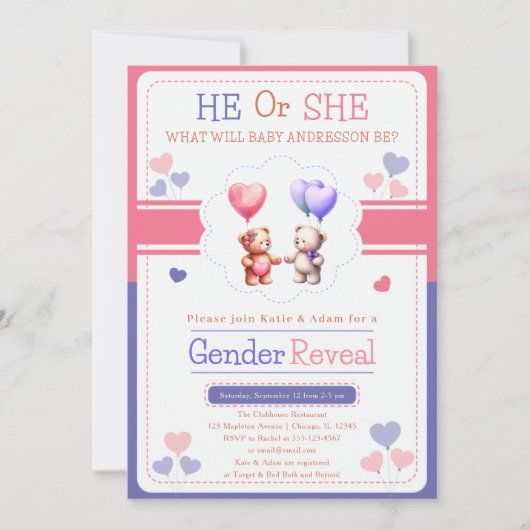 Hij of zij Teddybeer ballonnen Geslacht onthullen Kaart (Voorkant)
