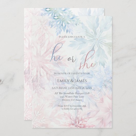 Hij of zij Winter Pink Blue Snowflake Gender Party Kaart (Voorkant / Achterkant)