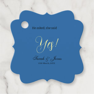Hij vroeg ze zei ja verloving eenvoudig blauw geel bedankjes labels