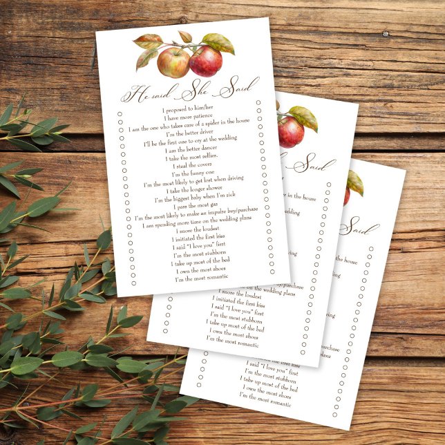 Hij zei dat ze appel herfst vrijgezellenfeest spel (He said she said apple fall bridal shower game cards appley ever after bridal shower games)