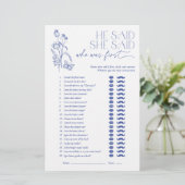 Hij zei dat ze Blue Floral Vrijgezellenfeest Game (Staand voorkant)