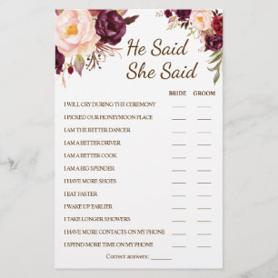 Hij zei dat ze Marsala Couple Shower Game Card zei Flyer