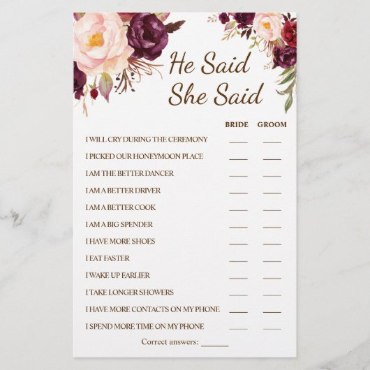 Hij zei dat ze Marsala Couple Shower Game Card zei Flyer (Voorkant)